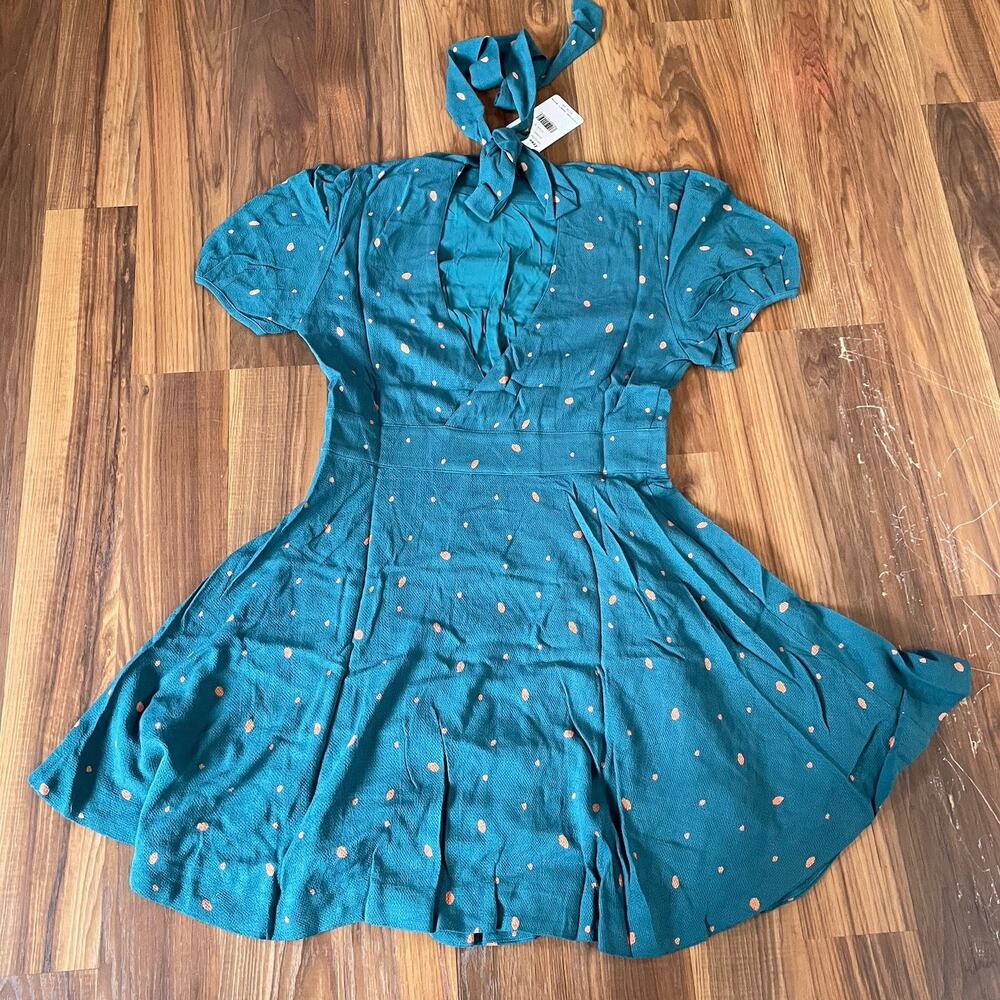 NWT Women's Free People Abbie Fit & Flare Dress Mini Size 8 Green Polka Dot - Picture 2 of 9